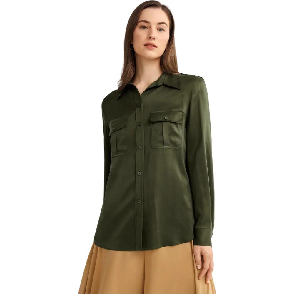 Lilysilk Sandwashed Silk Shirt With Epaulettes in Safari Green Cover