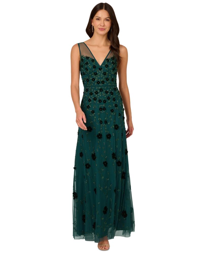 Adrianna Papell Women's Beaded Floral Gown - Gem Green Cover