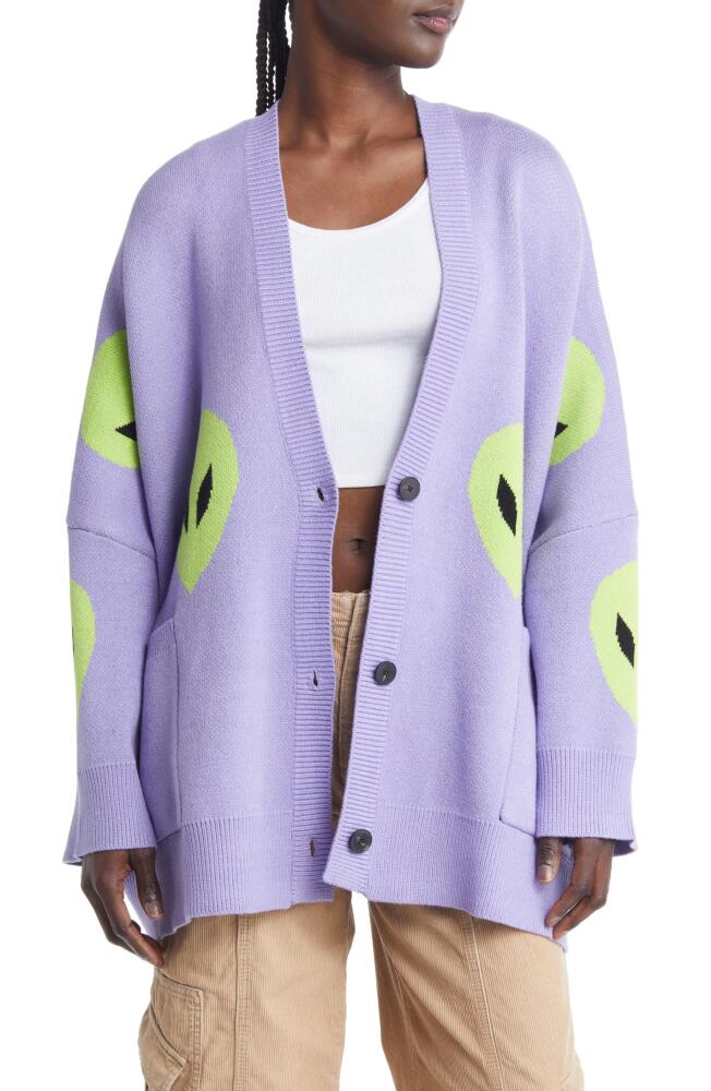 Dressed in Lala Boxy Oversize Cardigan in Lavender Alien Cover