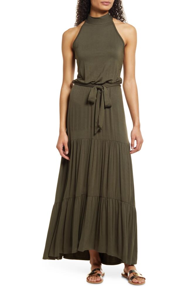 Loveappella Tiered Halter Maxi Dress in Olive Cover