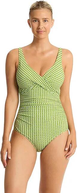 SEA LEVEL SWIM Checkmate Cross Front Multifit One-Piece (Olive) Women's Swimsuits One Piece Cover