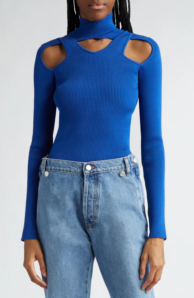 Coperni Cutout Crossover Mock Neck Rib Sweater in Blue Cover