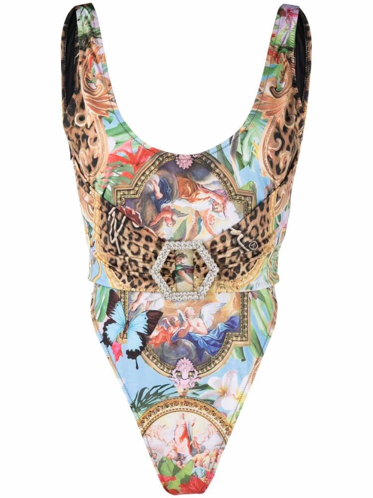 Philipp Plein graphic-print belted swimsuit - Brown Cover