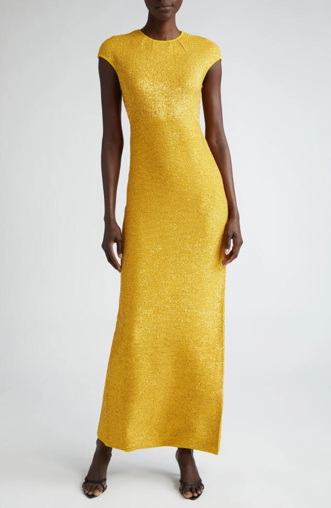 St. John Evening Cap Sleeve Sequin Knit Gown in Sunflower Cover