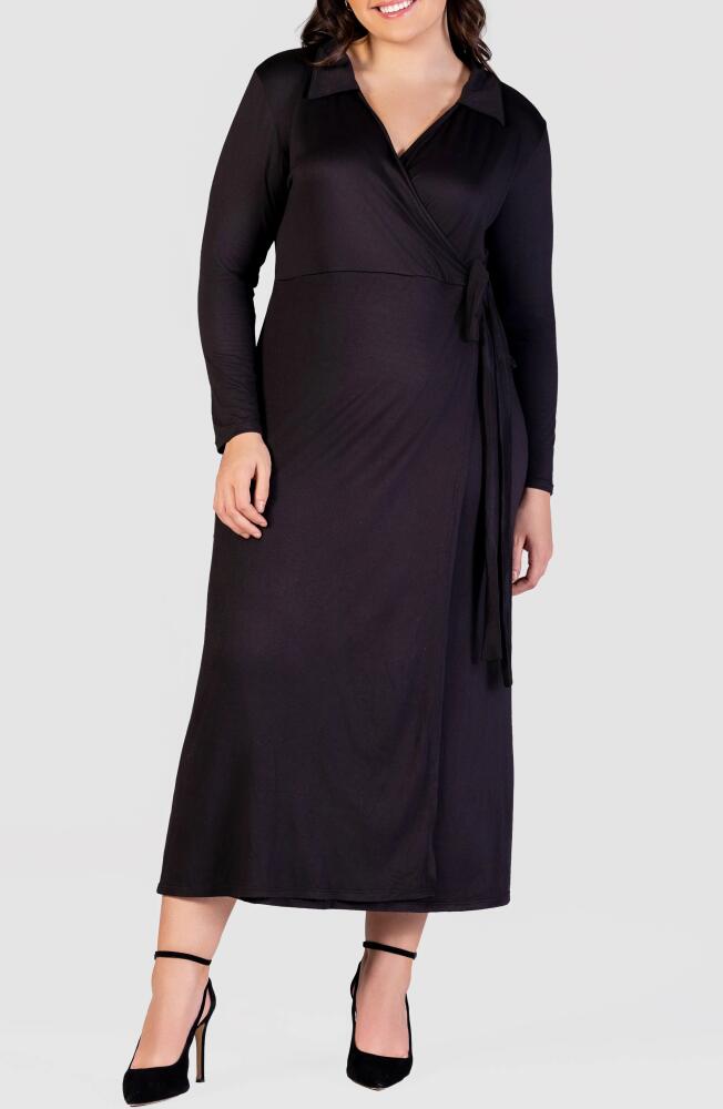 24seven Comfort Apparel Collared Long Sleeve Wrap Front Maxi Dress in Black Cover