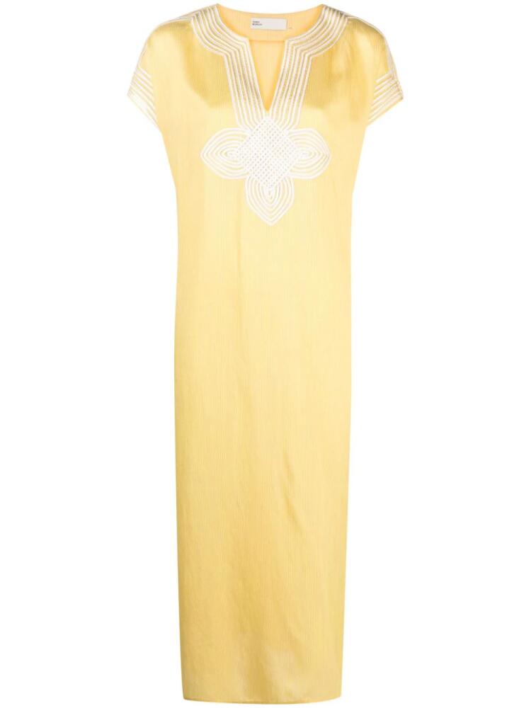 Tory Burch motif-embroidered striped kaftan dress - Yellow Cover