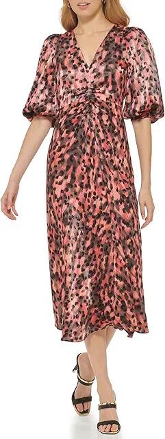 DKNY 3/4 Sleeve Printed Satin Maxi Dress (Persimmon Multi) Women's Clothing Cover