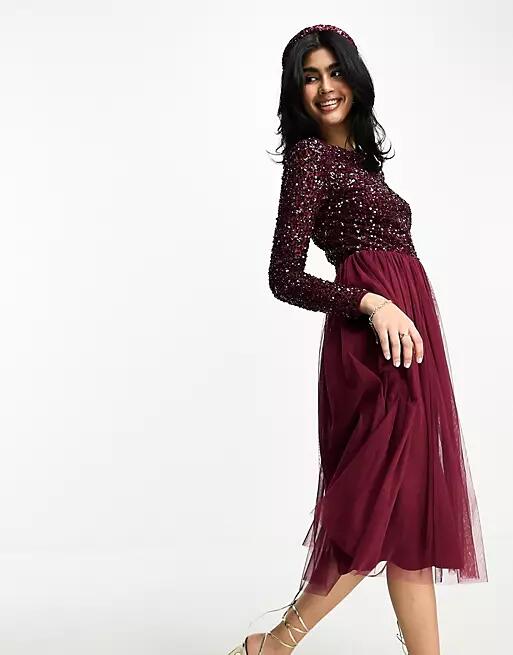 Maya Bridesmaid long sleeve midi tulle dress with tonal delicate sequin in wine-Red Cover