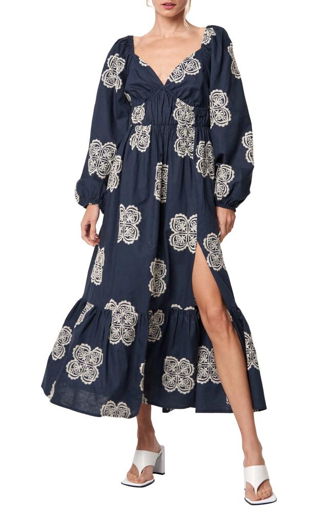 CIEBON Serbita Medallion Embroidery Long Sleeve Cotton & Linen Midi Dress in Navy Cover