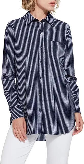 Lysse Schiffer Button-Down Printed Microfiber Top (Oxford Pinstripe) Women's Clothing Cover