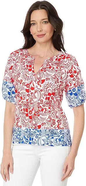 Tommy Hilfiger Fountain Floral Puff Sleeve Top (Bright White/Scarlet) Women's Clothing Cover