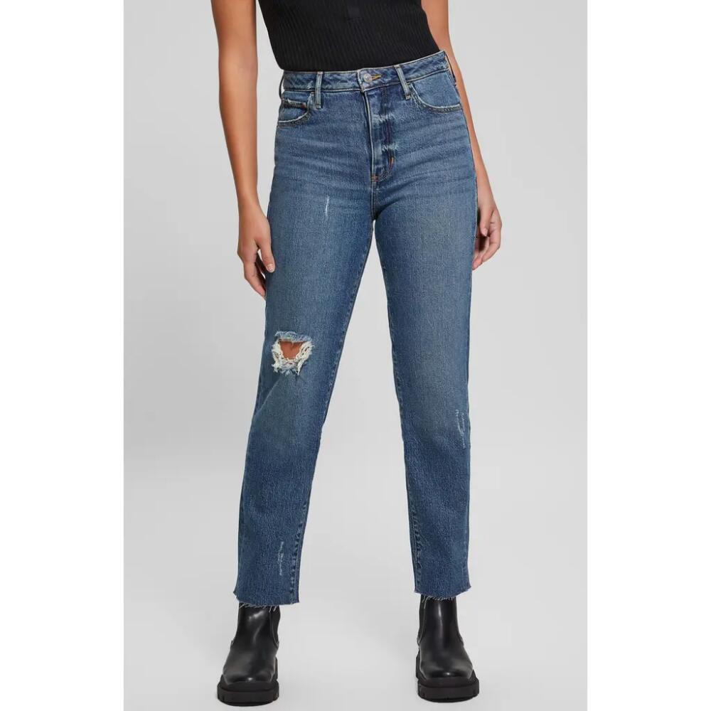 GUESS High Waist Distressed Raw Hem Ankle Mom Jeans in Winx Cover