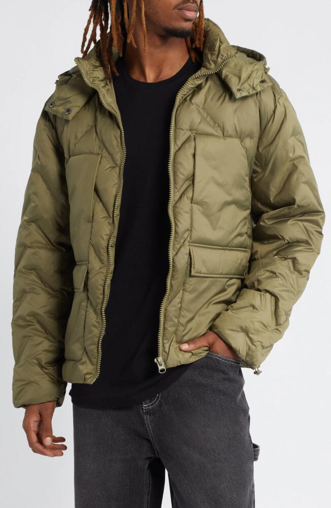 Topman Hooded Heat Press Chevron Quilted Puffer Jacket in Khaki Cover