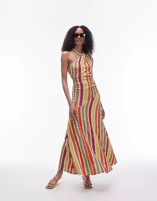 Topshop crochet one shoulder ruched side midi dress in multi stripe Cover