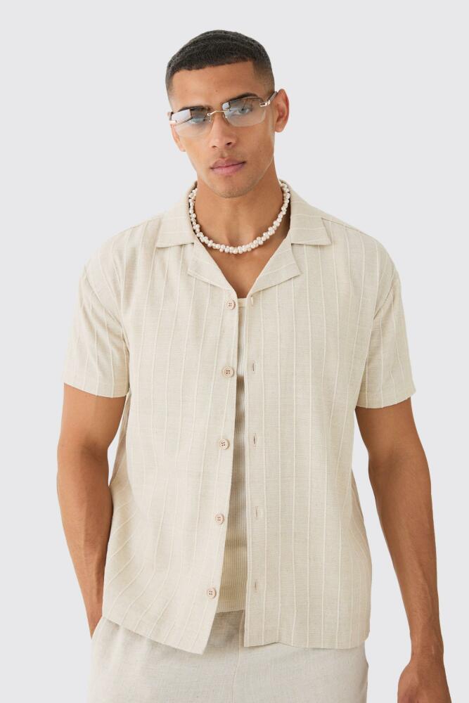 boohoo Mens Linen Look Revere Stripe Shirt - White Cover