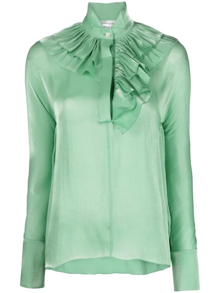 Victoria Beckham ruffled band-collar silk blouse - Green Cover