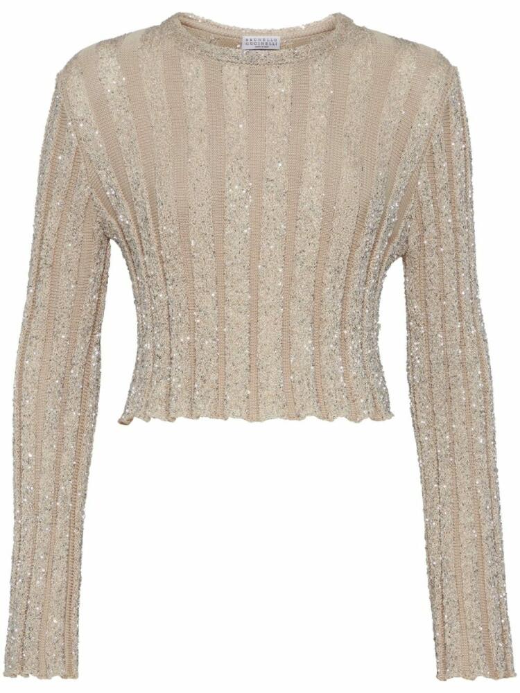 Brunello Cucinelli paillette-embellished ribbed-knit jumper - Neutrals Cover