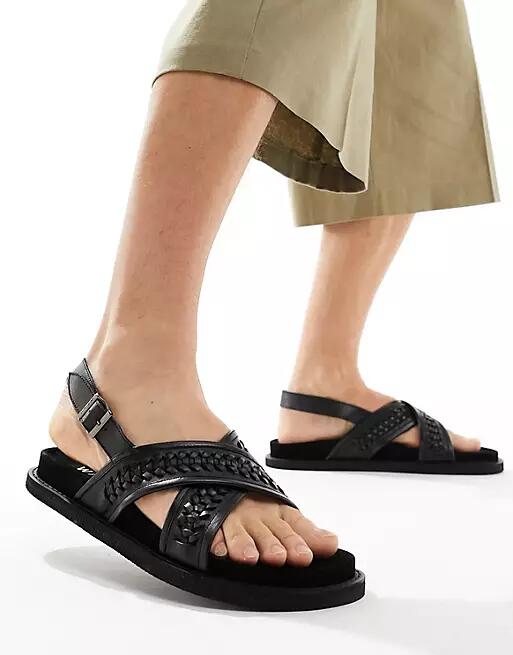 Walk London Shore Weave Backstrap Sandals In Black Leather Cover