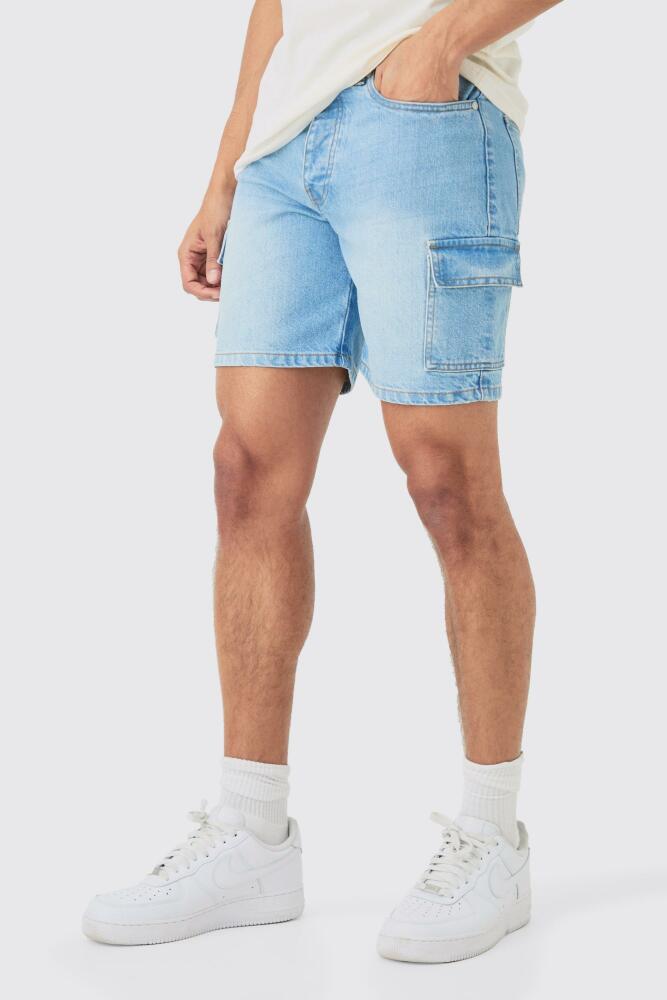 boohoo Mens Slim Rigid Cargo Jean Shorts In Light Blue Cover