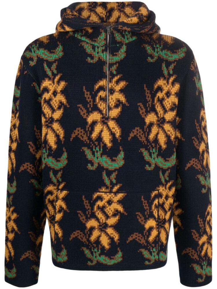 ETRO floral-intarsia virgin wool hoodie - Blue Cover