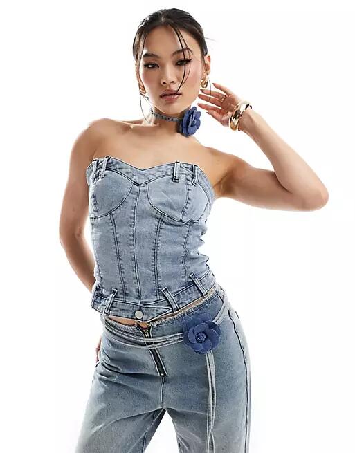 Simmi denim structured sweetheart neck corset top with corsage choker in light wash blue - part of a set Cover