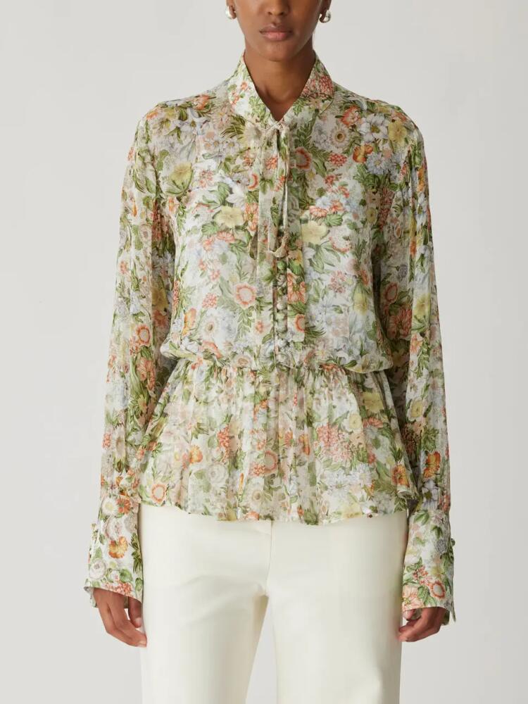 Rebecca Taylor All Over Floral On Viscose Chiffon Tie Front Blouse in Floral Multi Cover