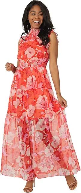 Vince Camuto Floral Chiffon Maxi Dress with Smocking Detail (Hot Coral) Women's Dress Cover