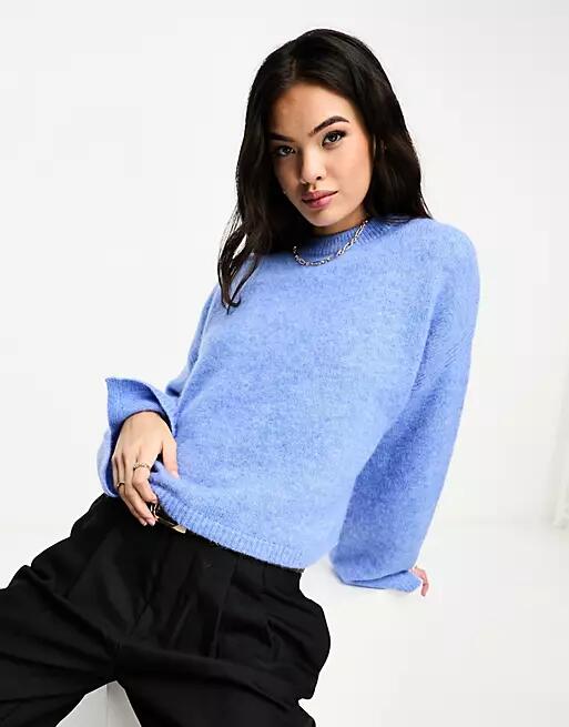 ASOS DESIGN crew neck sweater with wide cuff and split in alpaca wool blend in blue Cover