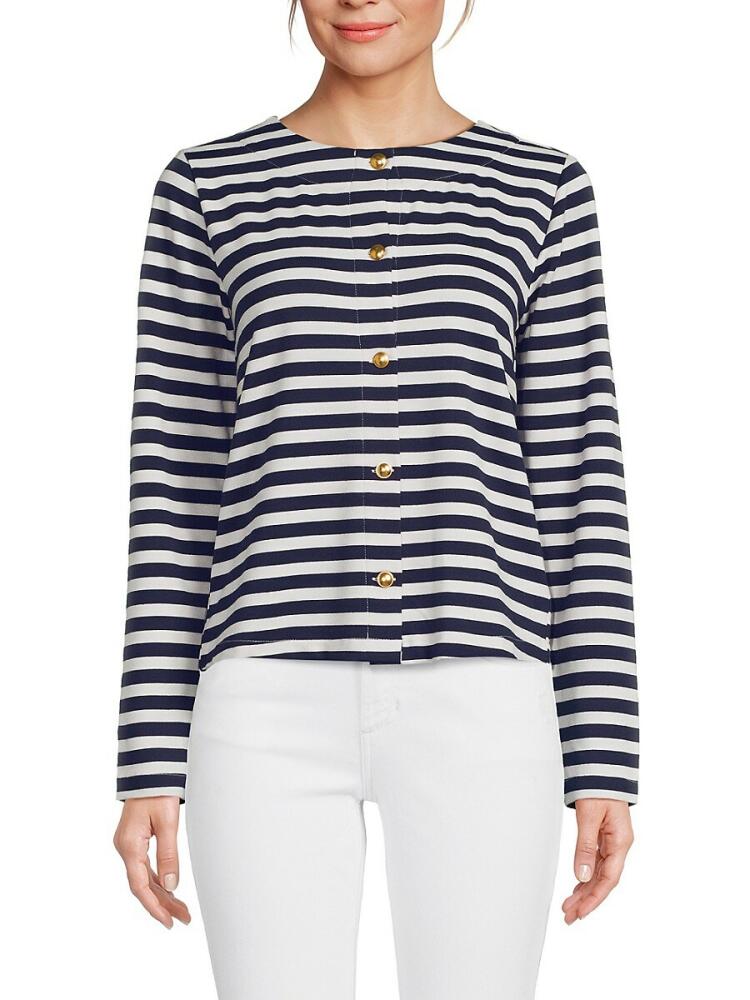 Bobeau Women's Striped Collarless Shirt - Navy Stripe Cover