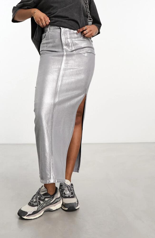 ASOS DESIGN Metallic Denim Maxi Skirt in Silver Cover