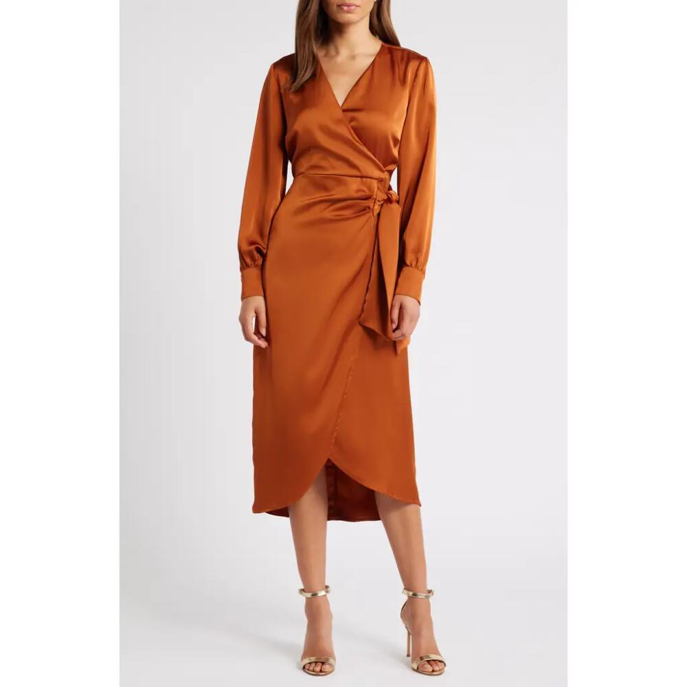 Sam Edelman Fluid Long Sleeve Satin Faux Wrap Midi Dress in Copper Cover