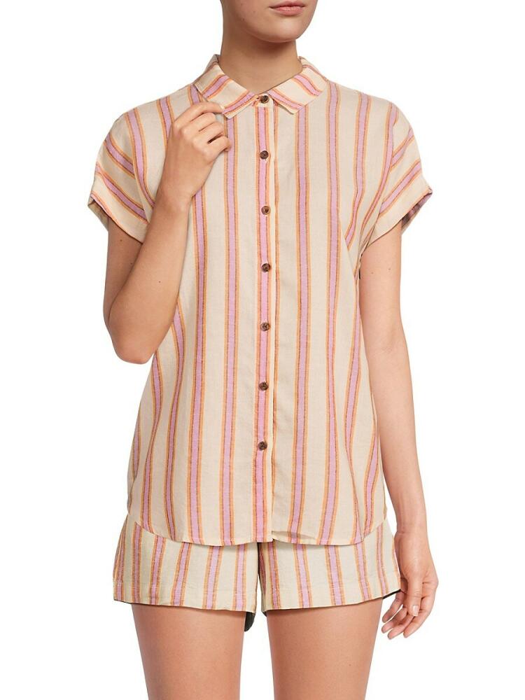 Marine Layer Women's Dana Stripe Linen Blend Shirt - Pink Multi Cover