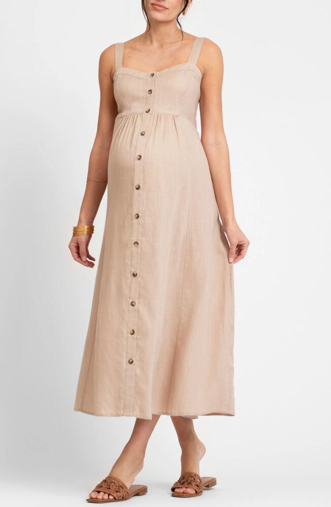 Seraphine Button Front Maternity/Nursing Midi Sundress in Taupe Cover