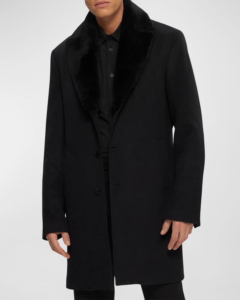 Gorski Men's Detachable Lamb Shearling Collar Single-Breasted Wool Coat Cover