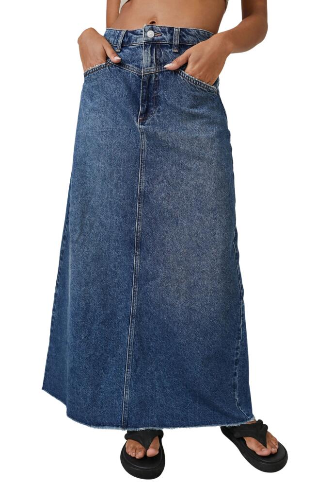 Free People Come As You Are Fray Hem Denim Maxi Skirt in Dark Indigo Cover