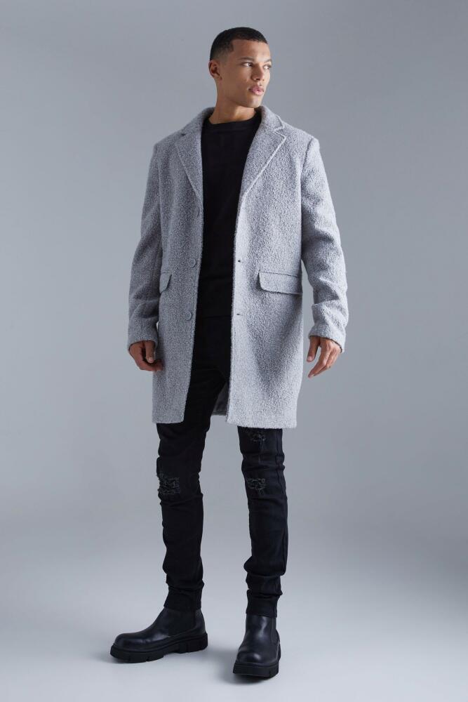 boohoo Mens Tall Single Breasted Boucle Overcoat - Grey Cover