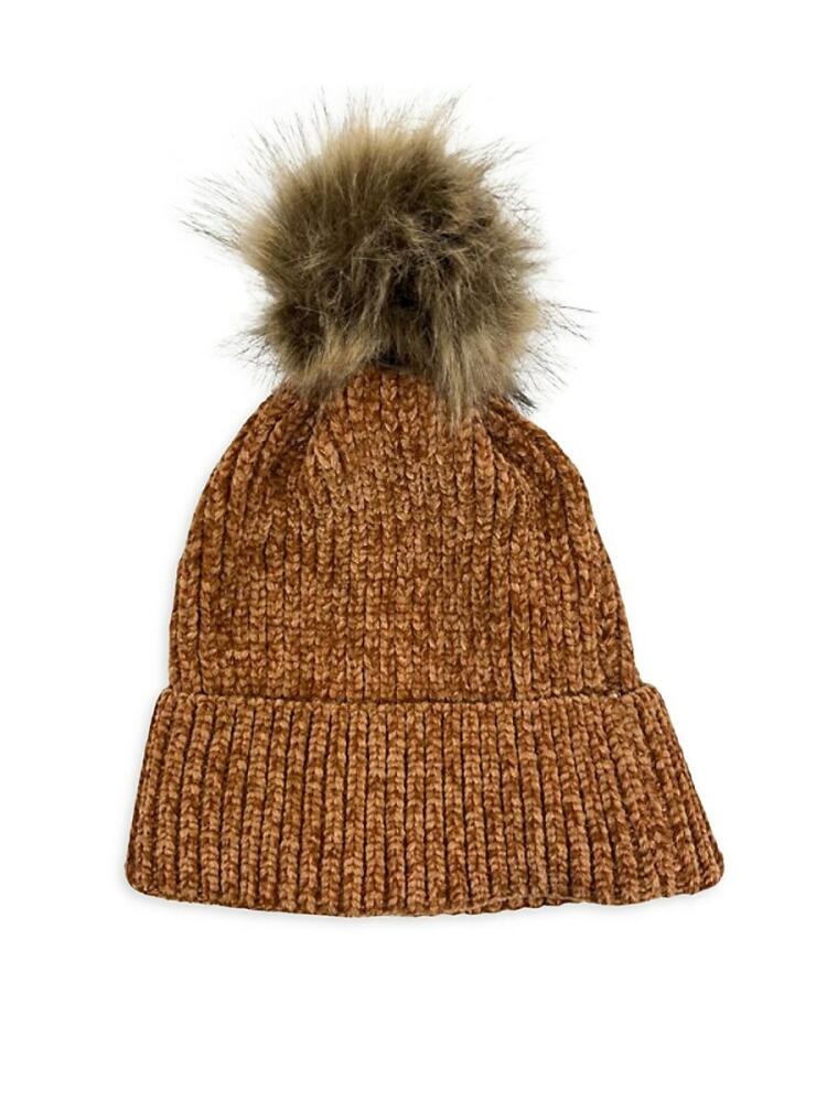 MARCUS ADLER Women's Chenille Faux Fur Pom Pom Beanie - Camel Cover