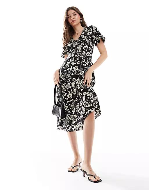 & Other Stories flutter sleeve midi dress in mono floral print-Black Cover