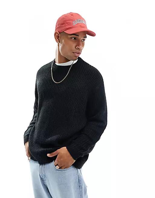 ASOS DESIGN oversized knit fisherman ribbed crew neck sweater in black Cover