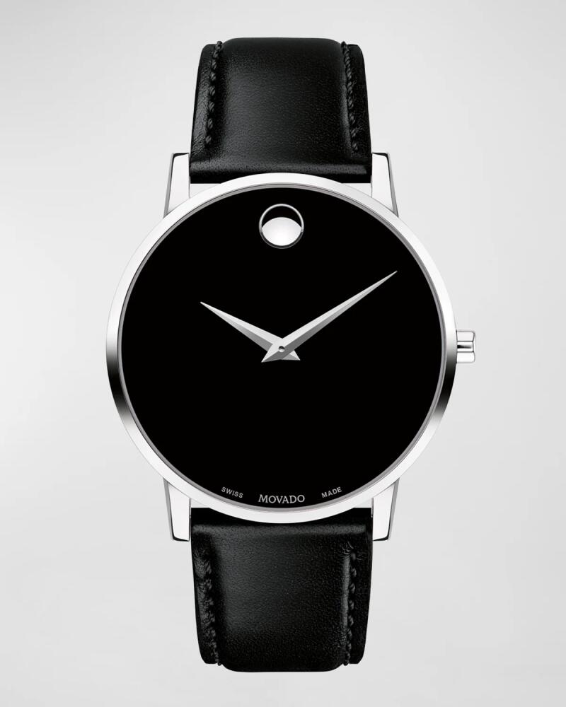 Movado Men's 40mm Ultra Slim Watch with Leather Strap Black Museum Dial Cover