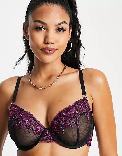 Wolf & Whistle Exclusive Fuller Bust contrast floral embroidered mesh balconette bra in black and purple Cover