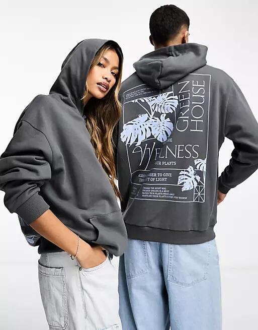 ASOS DESIGN unisex oversized hoodie in gray with floral photographic back print-Black Cover