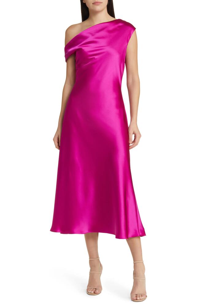 Amsale One-Shoulder Satin Midi Dress in Fuchsia Cover