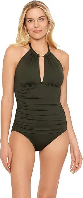 Lauren Ralph Lauren Beach Club Solids High Neck One Piece (Green) Women's Swimsuits One Piece Cover