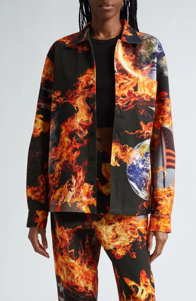 Sky High Farm Workwear Gender Inclusive World is Burning Cotton Workshirt in Black Print Cover