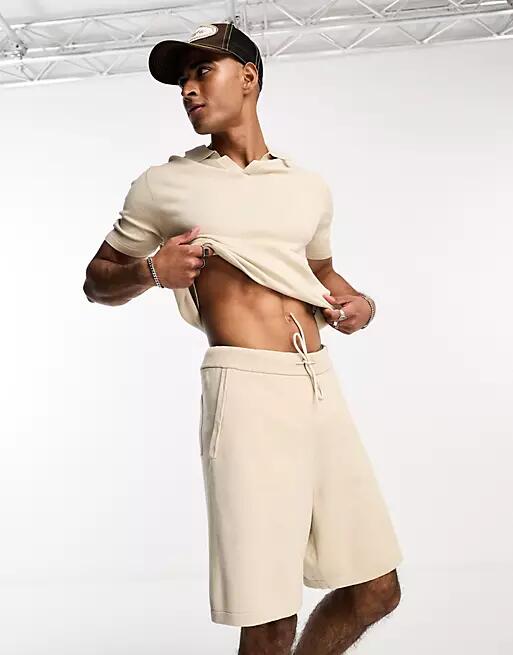 Selected Homme knit short with drawstring waist in beige - part of a set-Neutral Cover