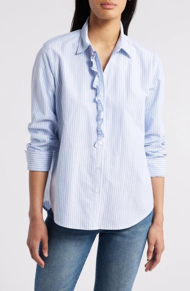 beachlunchlounge Emersyn Stripe Ruffle Trim Cotton Button-Up Shirt in Russian Blue Cover