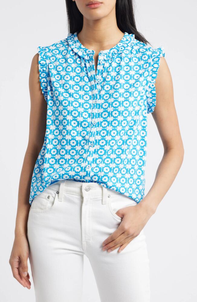 Boden Olive Floral Sleeveless Button-Up Shirt in Brilliant Blue, Blossom Tile Cover