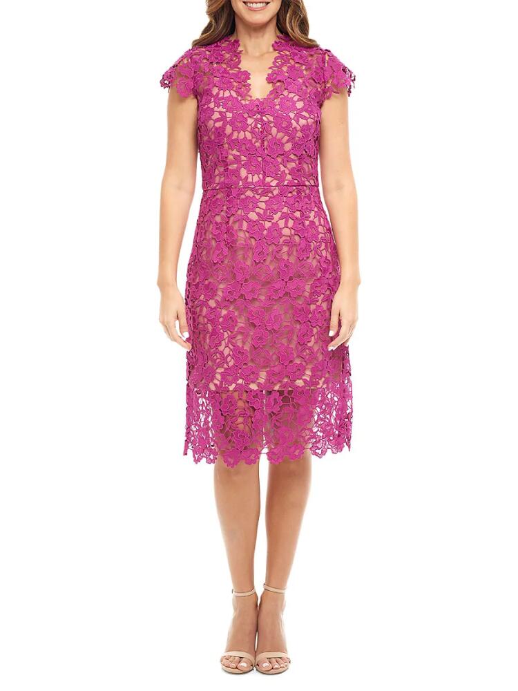 Rene Ruiz Collection Women's V Neck Lace Sheath Cocktail Dress - Fuchsia Cover