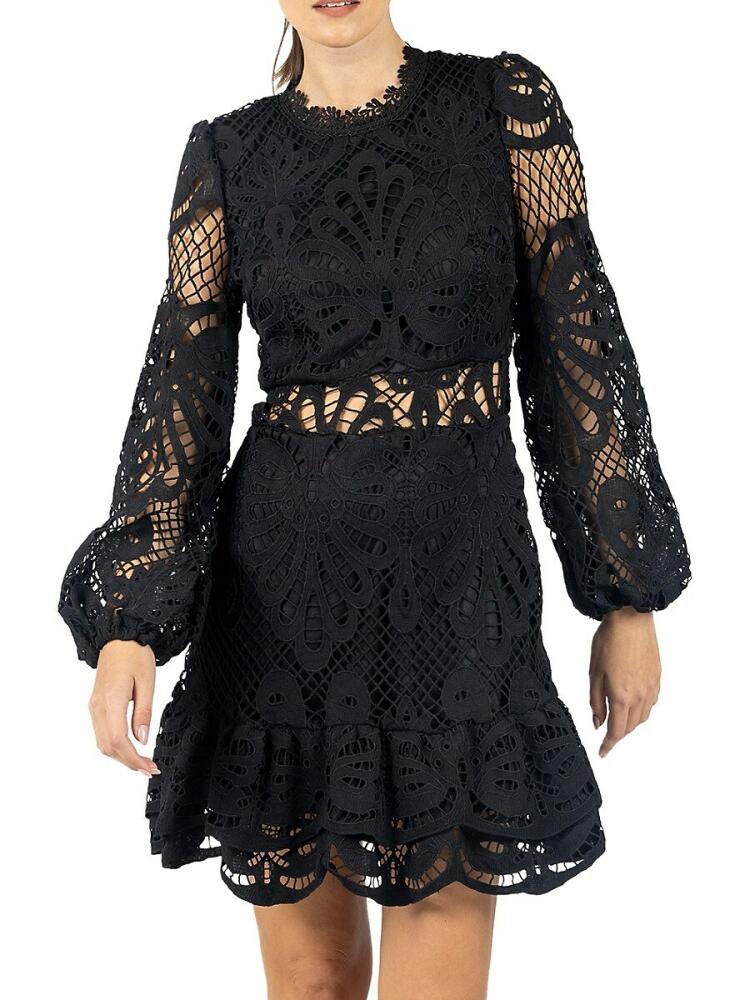 AKALIA Women's Lace Mini Fit & Flare Dress - Black Cover